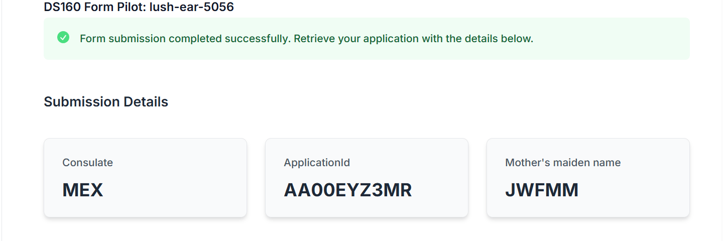 DS-160 Application ID confirmation page