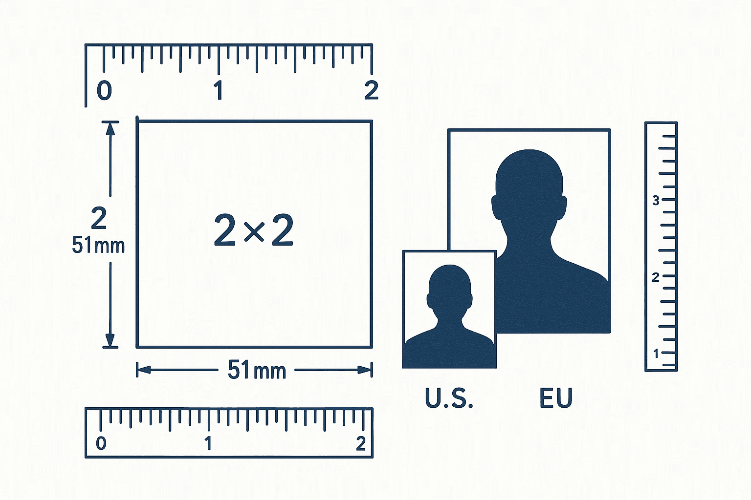 Professional passport photo setup showing 2x2 inch photo with measurement grid overlay and technical specifications for DS-160 visa applications