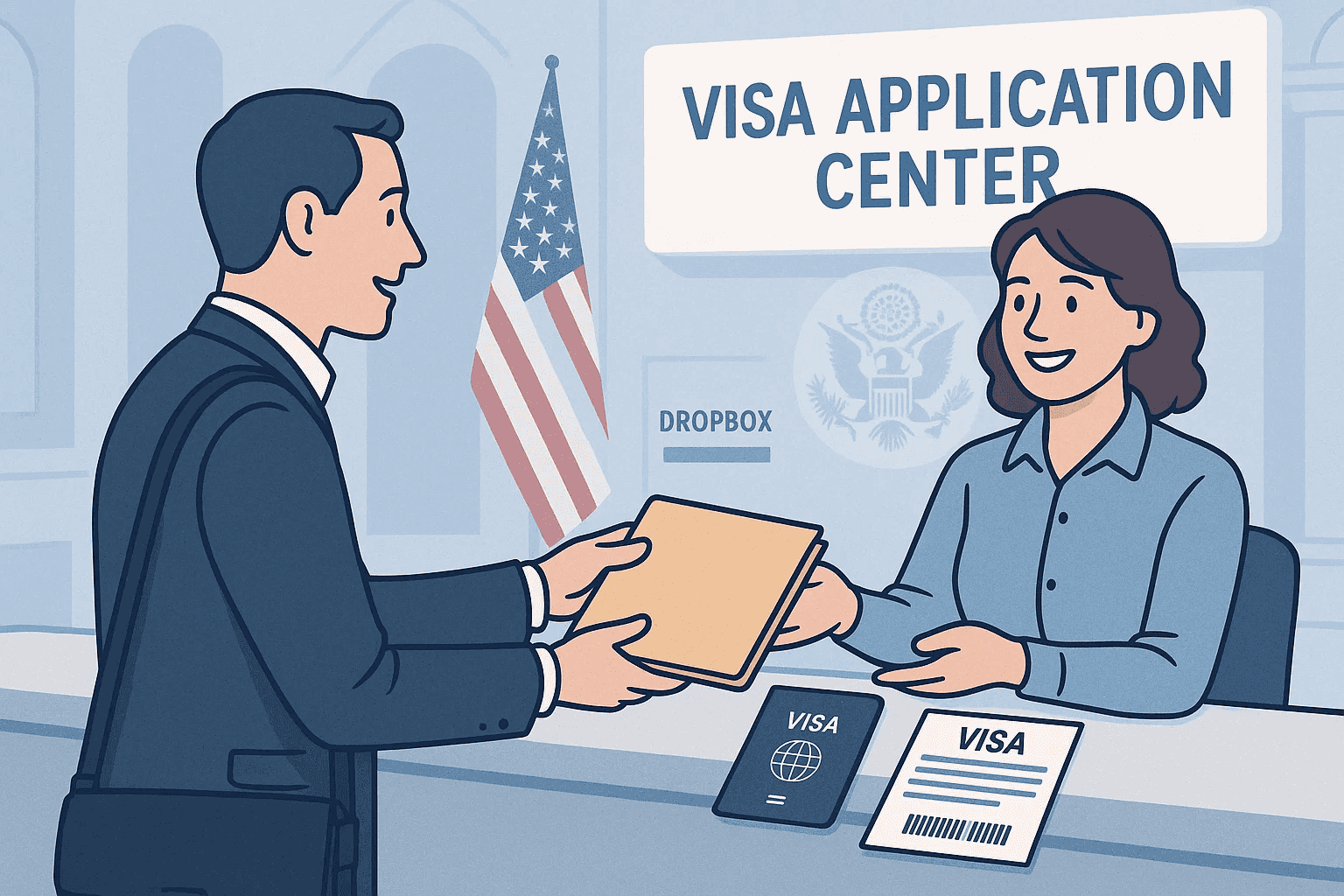 Person submitting DS-160 visa documents at a Visa Application Center for dropbox appointment processing